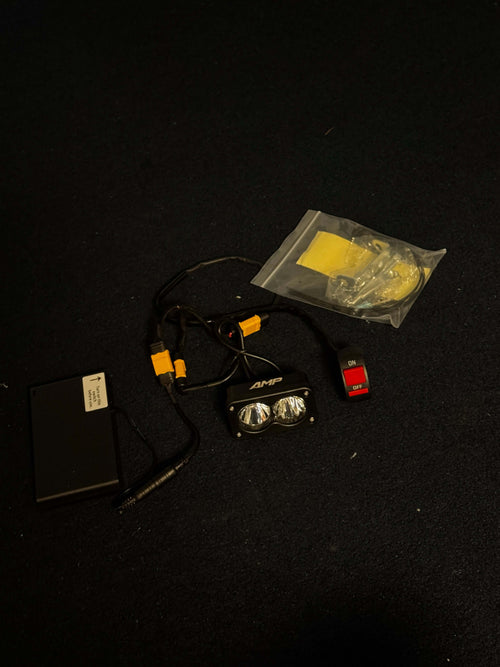 Battery Power Baha Lights With Switches showing dual-lens LED light kit and battery box with switches.